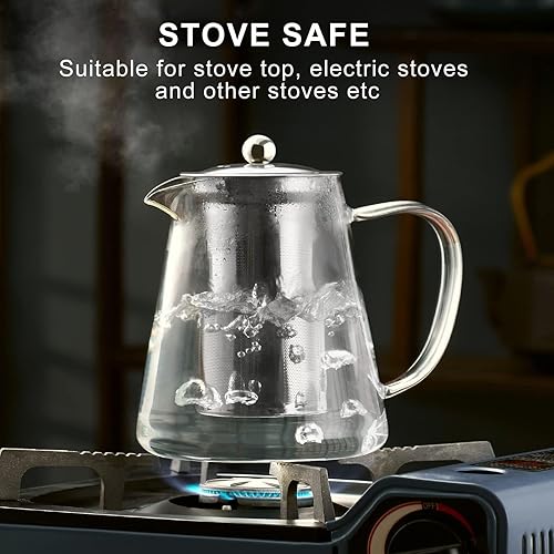 Miniatura 8 de PARACITY Tetera de vidrio de 32 onzas, tetera transparente de borosilicato con infusor extraíble de acero inoxidable 188, tetera de hojas sueltas y