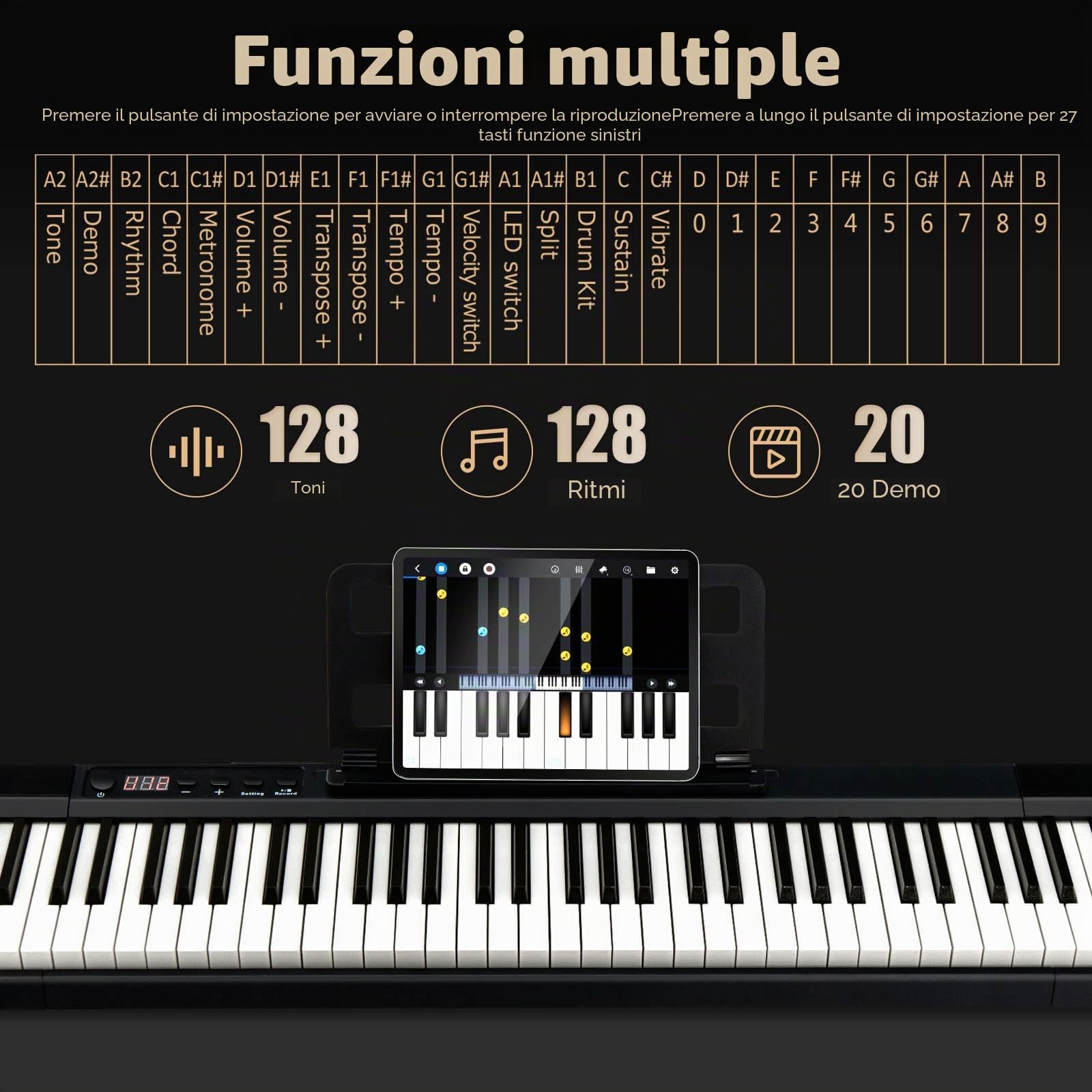 KOMFOTTEU Pianoforte Digitale 88 Tasti, 1000 Suoni e Ritmi, 20 Canzoni Demo, Tastiera Semi-ponderata, Pianoforte Elettronico con Illuminazione a LED Tastiera, Borsa di Conservazione, USB/Bluetooth