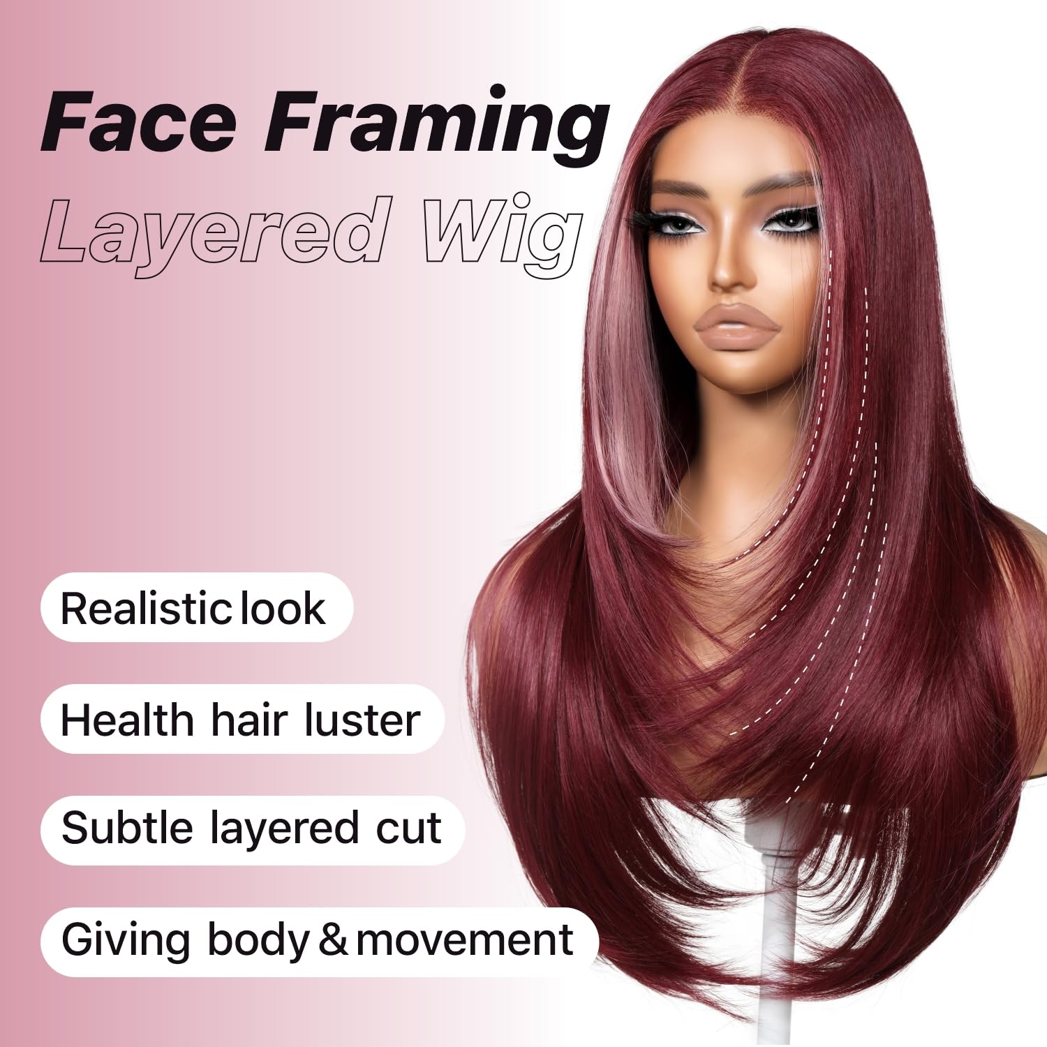BrownBomb 99J Pink Face Framing Layered Wig Pre-Cut Pre-Plucked Hairline Pre-Colored Pre-Styled Synthetic Lace Wig Ready to Wear 26inch Wig for Beginners