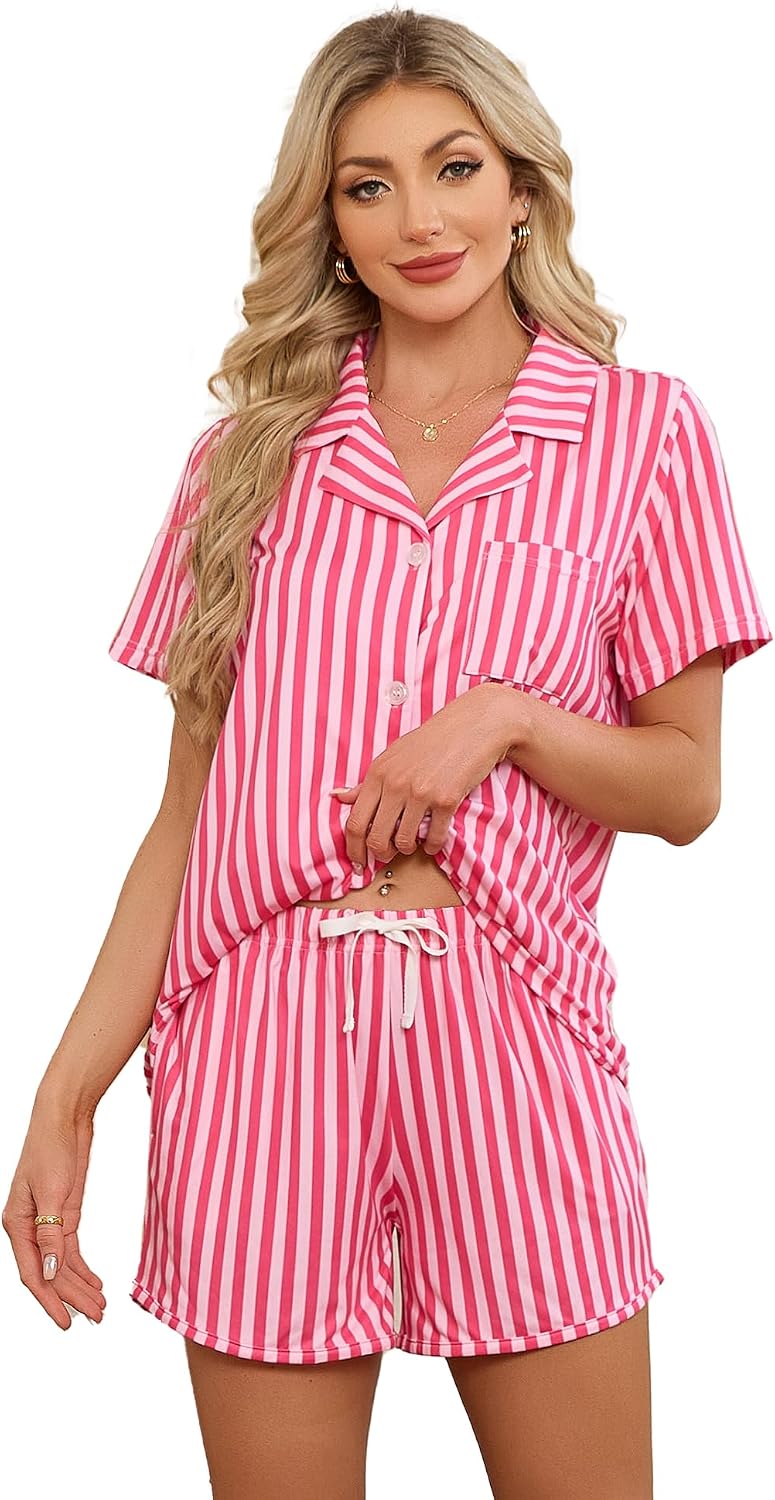 LYCY Women's Striped Pajamas Set, Cute Button Down Short Sleeve Pjs 2 Piece Notch Collar Sleepwear Summer