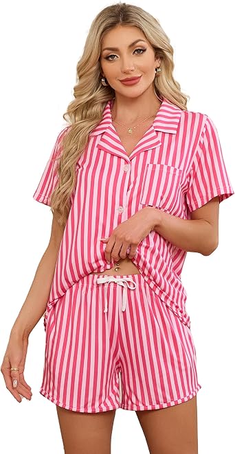LYCY Womens Striped Pajamas Set, Cute Button Down Short Sleeve Pjs 2 Piece Notch Collar Sleepwear Summer