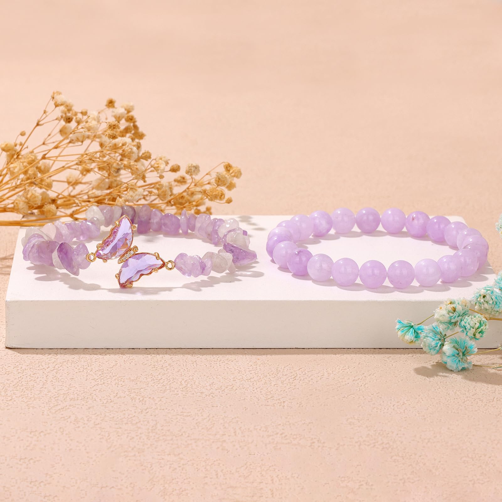 Braccialetto di Ametista per Donna, Braccialetti Anti-ansia con Perline di Ametista, ciondoli a Farfalla, Braccialetti a Strati di Pietre per Donna