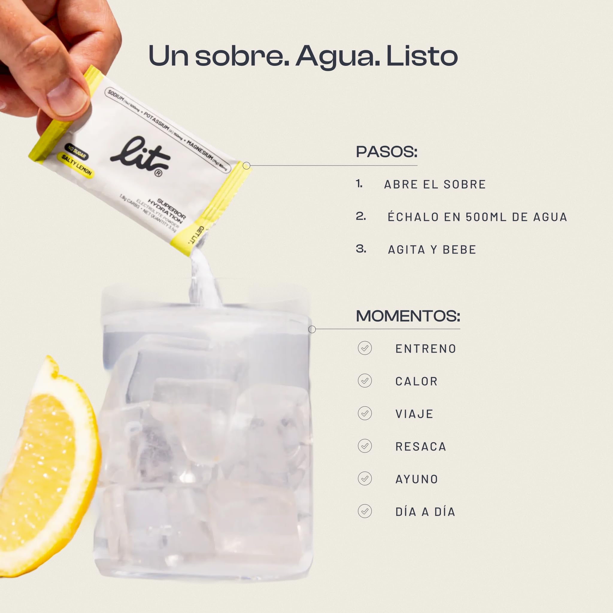 LIT® Electrolitos en Polvo Sin Azúcar - 30 Sobres Sabor Salty Lemon - Sodio, Potasio y Magnesio - Hidratación para Deporte, Recuperación, Enfoque, Calor