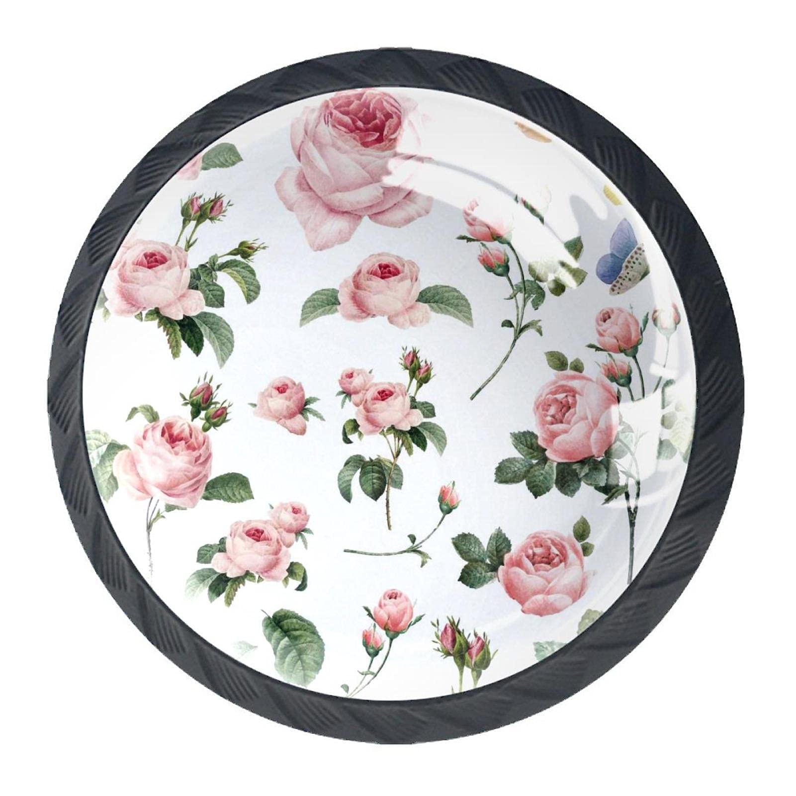 Pink Flower Set of 4 Cabinets Knob Round Hardware Drawer Dresser Knobs for Home, Bedroom, Kitchen, Dining Room, Office