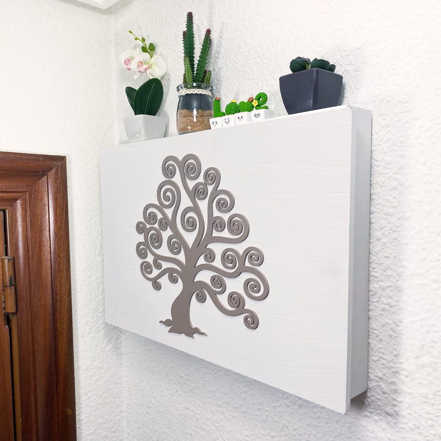 Tapa Cuadro Electrico de Madera / Cubre Contador de Luz de Pared / Tapa Registro Electrico de Diseño Arbol De La Vida con Colgador de Llaves
