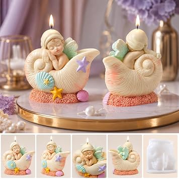 Fantasy Angel Conchs Shell Candle Silicone Mold Cute Kawaii Seashell Sleeping Fairy Baby Epoxy Resin Mold for Aromatherapy Candle Making, DIY Crafts, Soap, Wax, Clay Desktop Decor