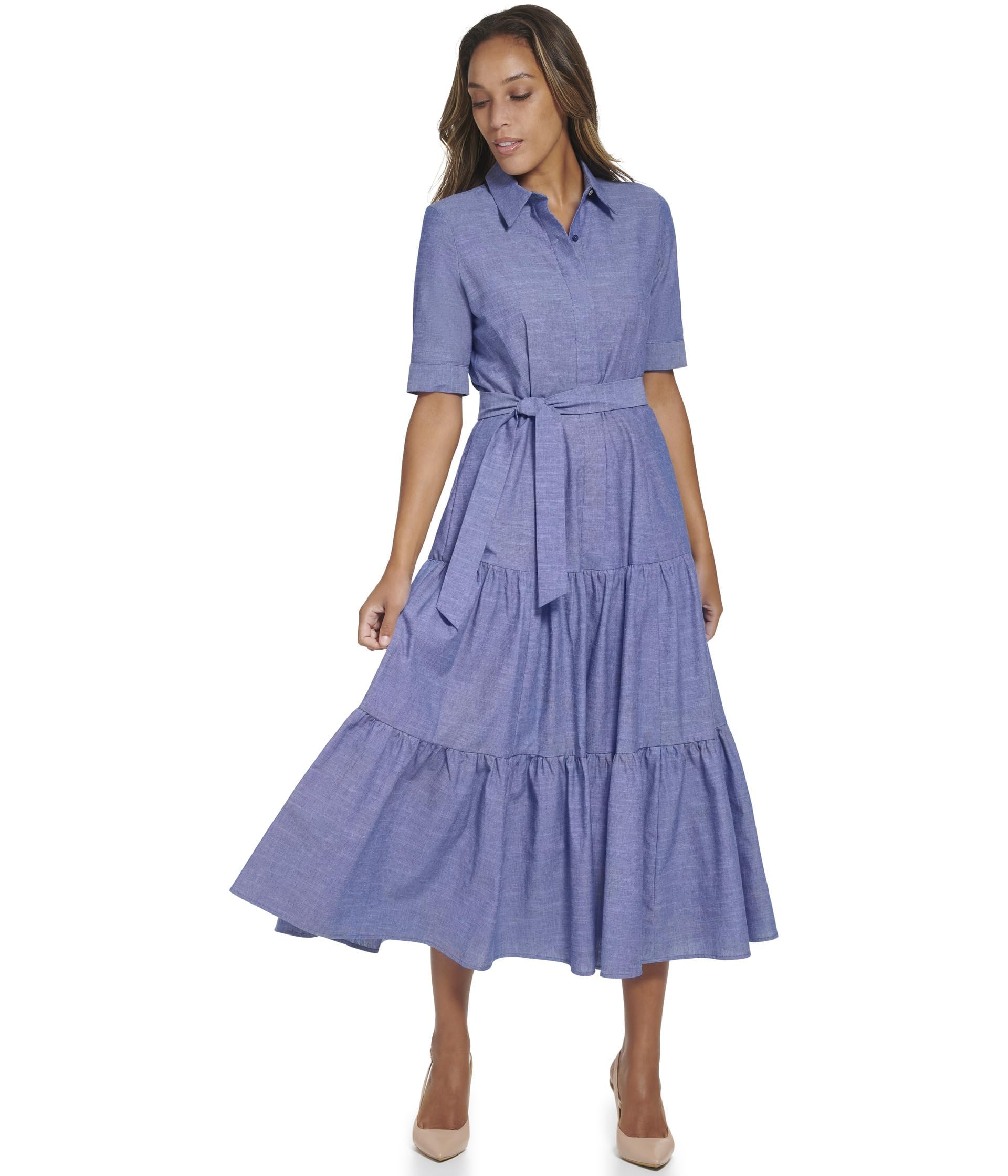 Calvin Klein Women's Cotton Chambray Shirt Dress with Tie