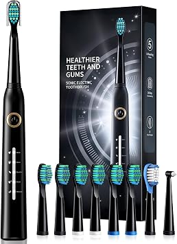 Electric Toothbrush, Sonic Toothbrushes with 8 Brush Heads 40000 VPM 5 Modes, Sonic Toothbrushes Fast Charge 4 Hours Last 30 Days (Black)