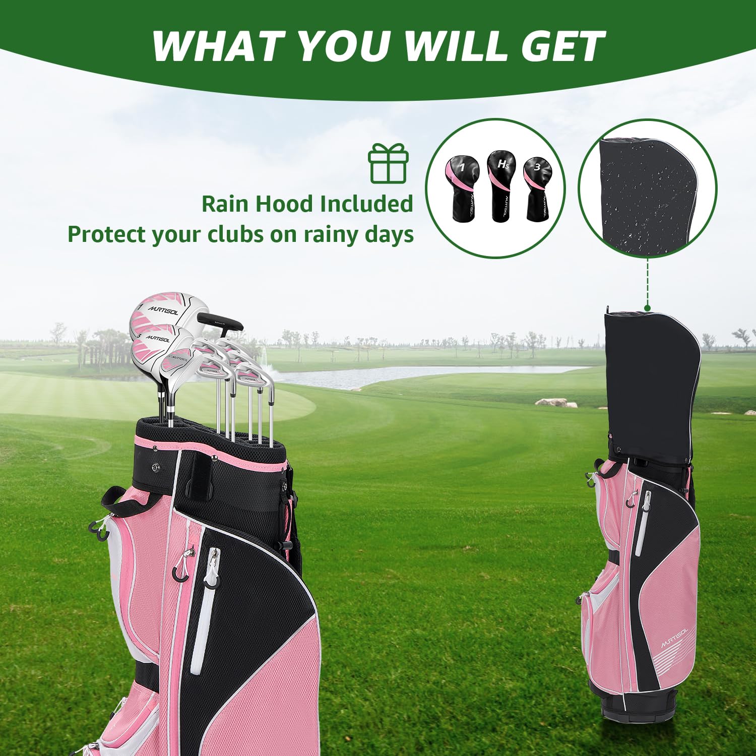 XDriveMax Lot de 10 Clubs de Golf complets pour Femme droitier avec Housse de Pluie, 1#Driver 3#Wood #5 Hybride, avec 3 Couvre-tête, 6# 7# 8# 9# PW# Fers et Putter