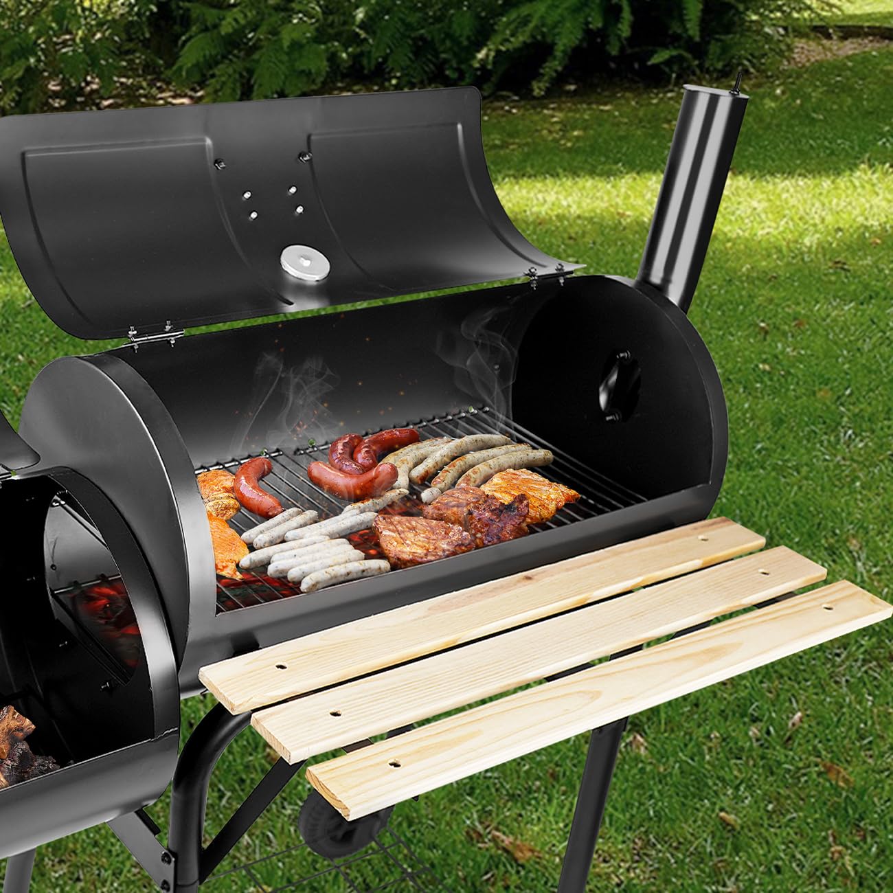 paxlloonge - Griglia a carbone con affumicatore offset e termometro, barbecue a barile e combinazione di affumicatori, spaziosa griglia per barbecue per feste in campeggio all'aperto sul retro