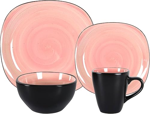 Miniatura 3 de Juego de vajilla de cerámica de 16 piezas en forma cuadrada, interior con remolino rosa de Spinwash + exterior negro
