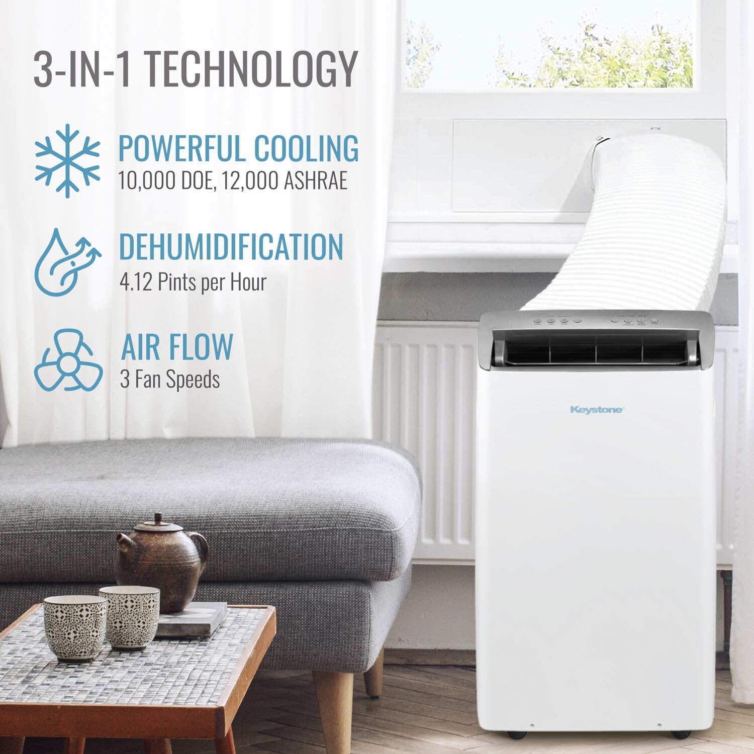 Keystone 12,000 BTU ASHRAE/10,000 BTU DOE Portable Inverter Air Conditioner with Quiet, High Efficiency Operation and Remote, AC Unit for Apartment, Living Room, Medium Rooms up to 450-Sq. Ft.