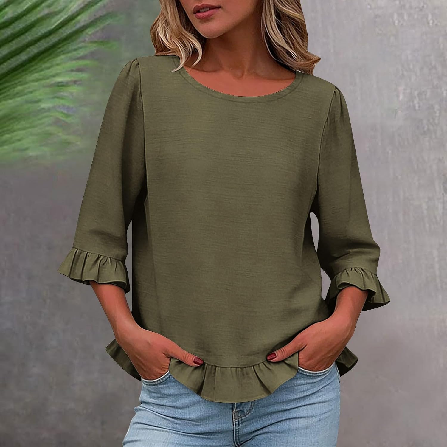 Womens Summer Tops 3/4 Length Sleeve Shirts Fashion Ruffle Crew Neck Dressy Casual Blouses Spring Clothes Outfits