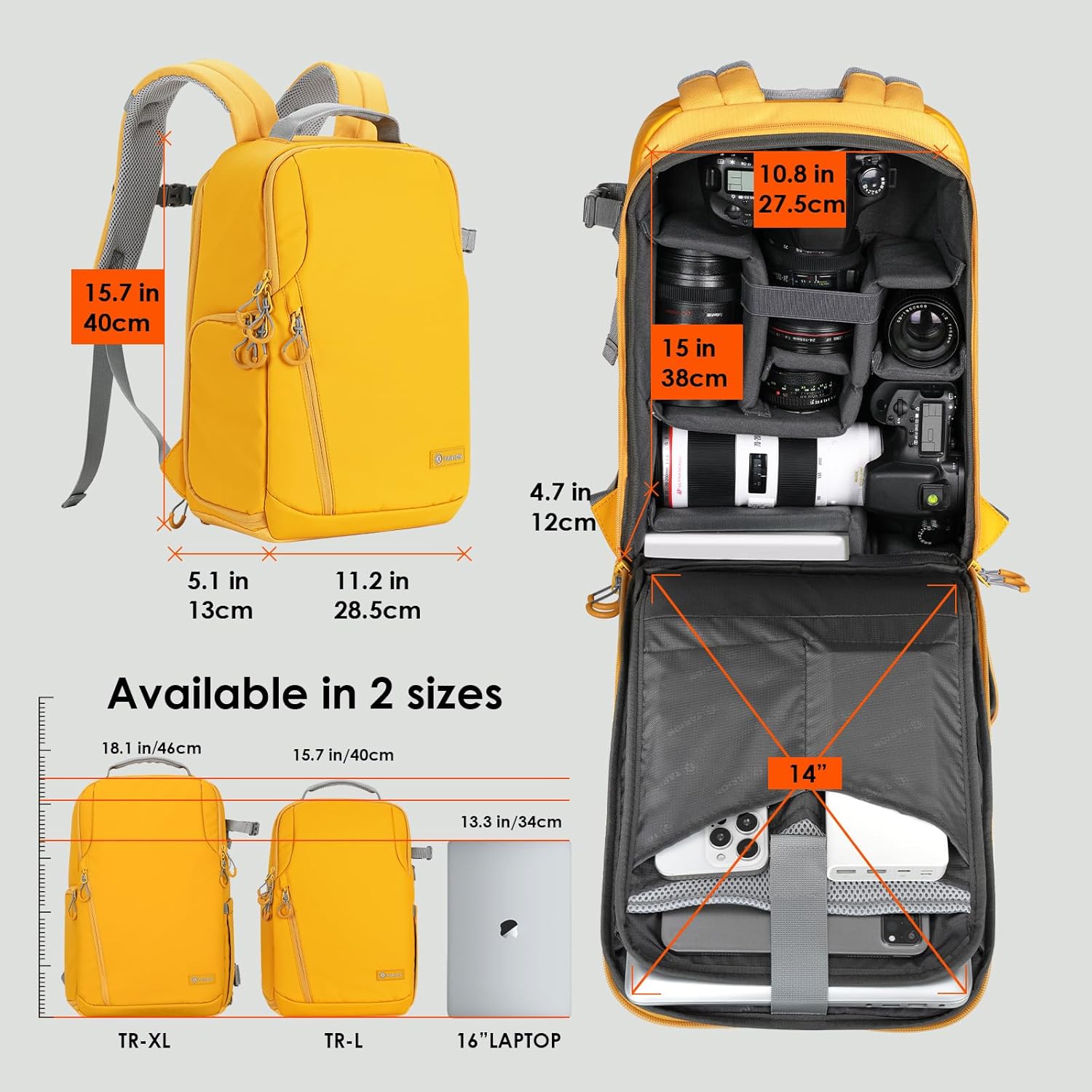 TARION Camera Backpack Waterproof Bag - DSLR Camera Bag with 14in Laptop Compartment Rain Cover, Professional Travel Photography Backpack for Photographers, SLR, Camera Lens, TR-L, Yellow