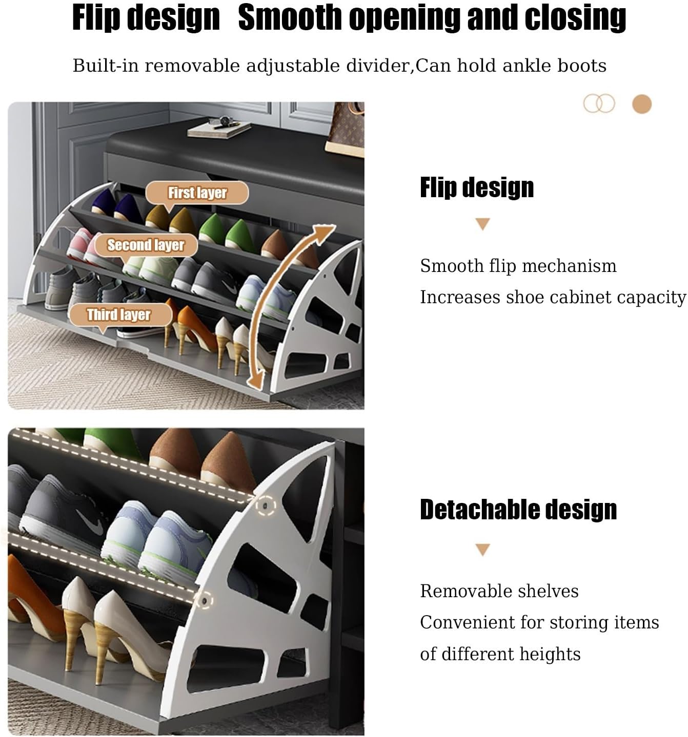 Shoe Storage Benches Shoe Bench with Storage, Shoe Entryway Bench with Lift Top Storage Box, 3-Tier Shoe Rack Bench with Flip Drawer, for Entryway Slim, Living Room, Bedroom(Dark Gray,100cm)