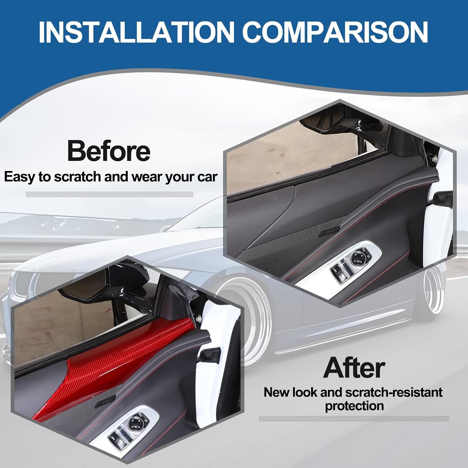Car Side Door Armrest Panel Cover Trim Compatible with Chevrolet Corvette C8 Stingray 2020-2023 Real Carbon Fiber 2PCS Inner Door A Pillar Lower Panel Trim Accessories (Red Carbon)