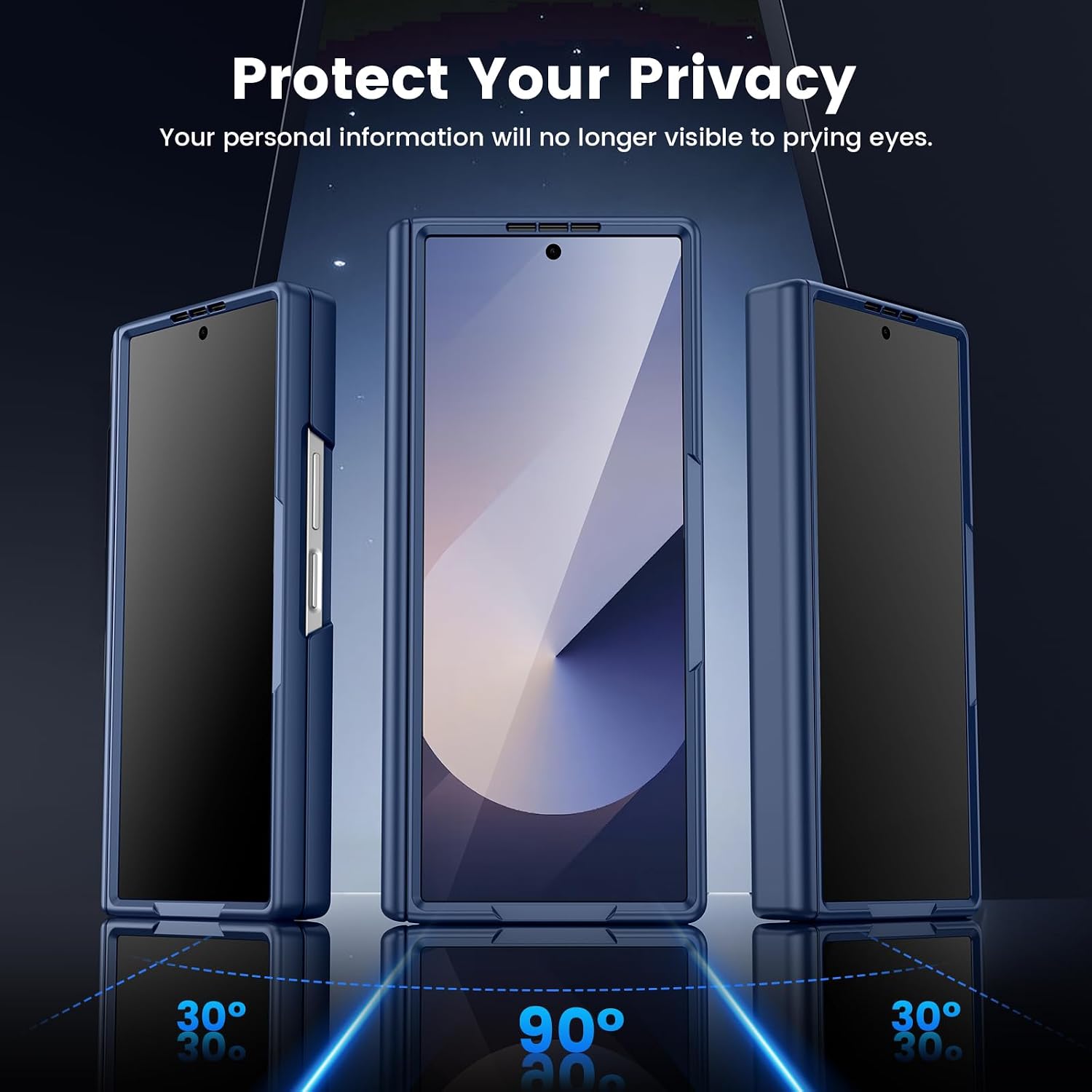 VEGO for Z-Fold-6 Case with Privacy Screen Protector, Full-Body Hinge Protection, Support Wireless Charging Slim PU Leather Shockproof Protective Case for Samsung Galaxy Z Fold 6 5G - Blue