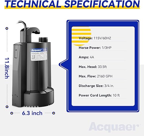 Miniatura 2 de Acquaer Bomba de agua sumergible automática de 13 HP, bomba de sumidero de 115 V con adaptador de válvula de retención de manguera de jardín de 34