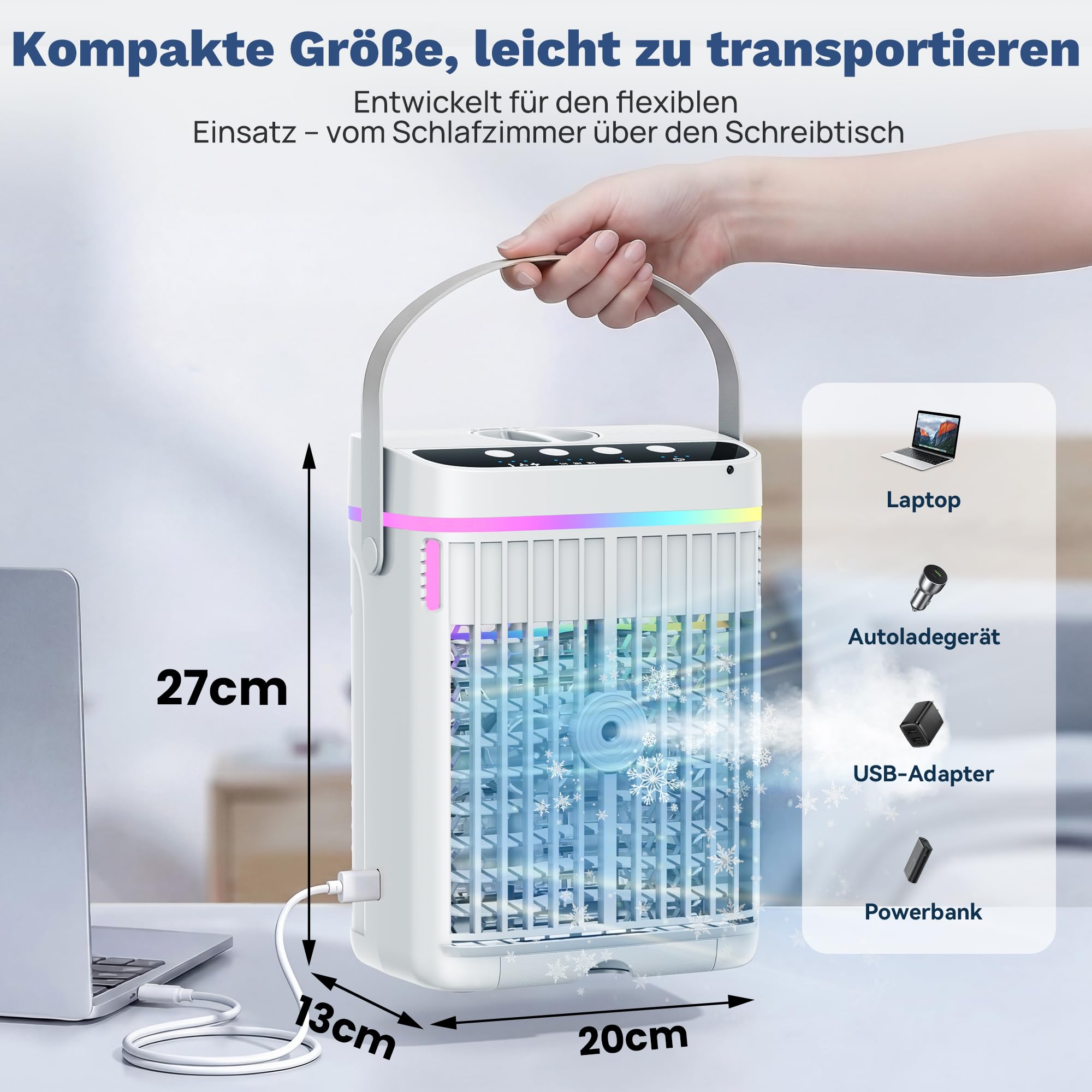 Mobile Klimaanlage 1250 ML, 4 In1 Mini Klimaanlage für Zimmer, Tragbare Mobile Klimagerät mit 1-3 H Timer, 7 Farben, 3 Geschwindigkeiten & 3 Nebelmodi, Leise Mini Luftkühler für Zuhause Büro Reisen