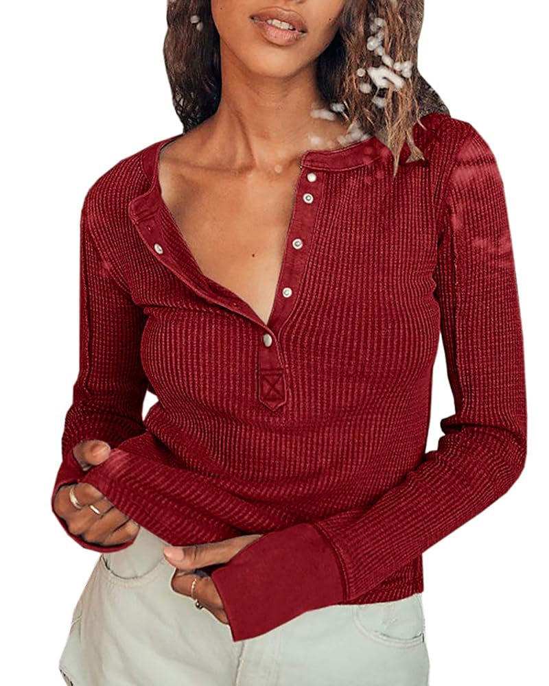 Womens Long Sleeve Button Down Henley Shirts Warm Waffle