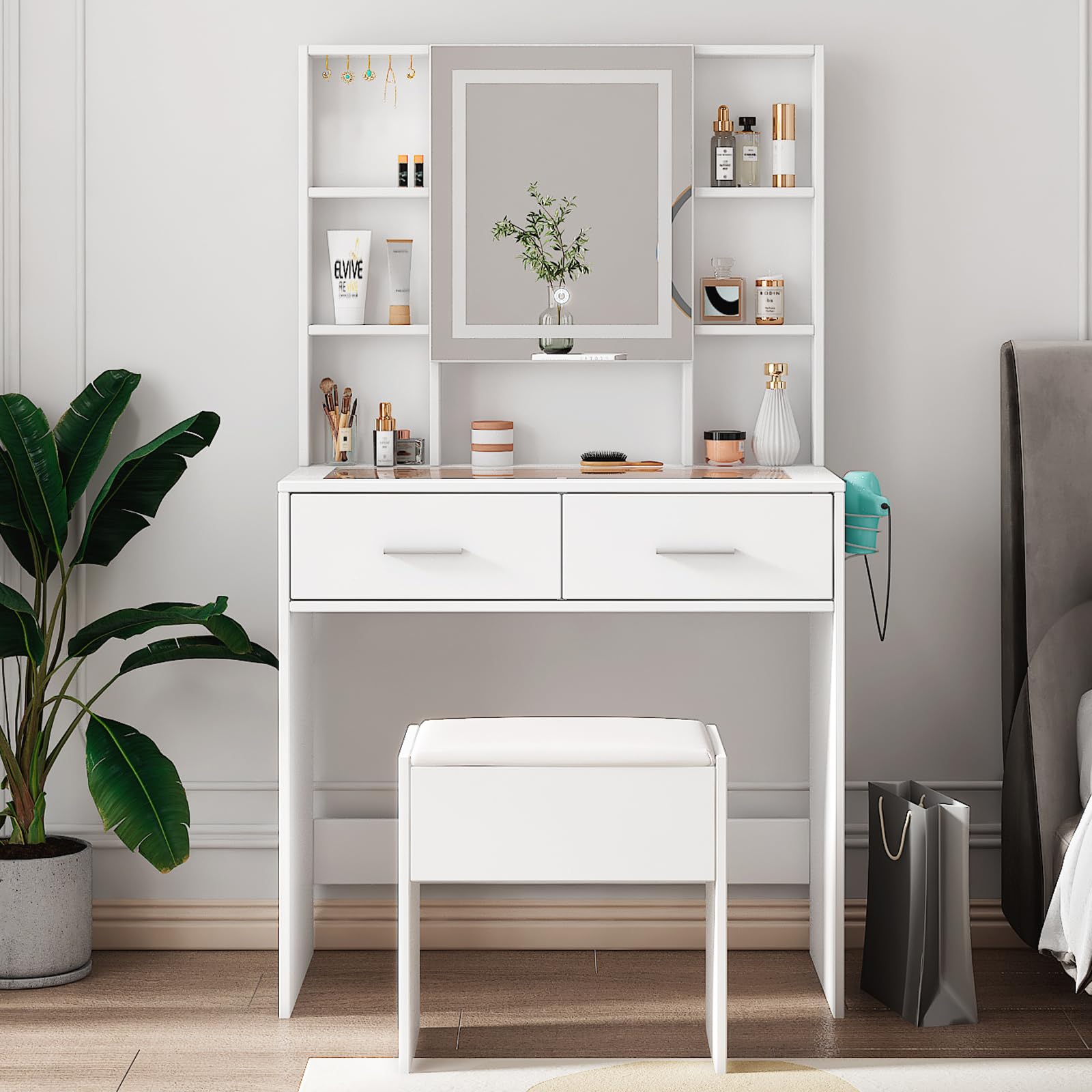 LEADZM Schminktisch mit Beleuchtung, Spiegel & Hocker (Weiß, 80x40x140 cm) | 3-Farben Licht, Glastisch mit Steckdose/Haartrocknerhalterung, 2 Schubladen & 6 Ablagen, Modernes Design