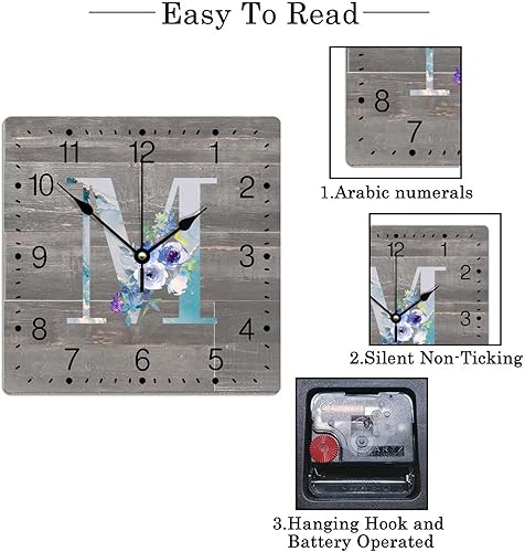 Miniatura 7 de Reloj de pared con monograma inicial M cuadrado de PVC, alfabeto, floral, azul, con apellido, 10 pulgadas, funciona con pilas, divertidos relojes