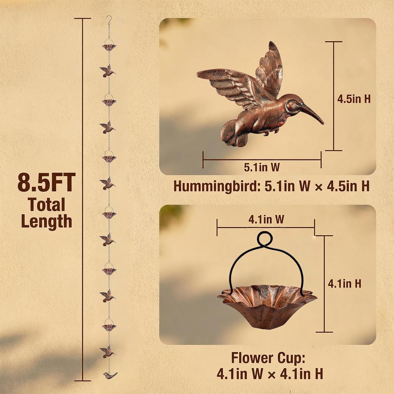 Rain Chain, 8.5 FT Copper Rain Chain for Gutters, Decorative Hummingbird & Lotus Cup Rain Catcher Chain with Weighted Bird, Downspout Alternative for Garden, Patio & Outdoor Drainage