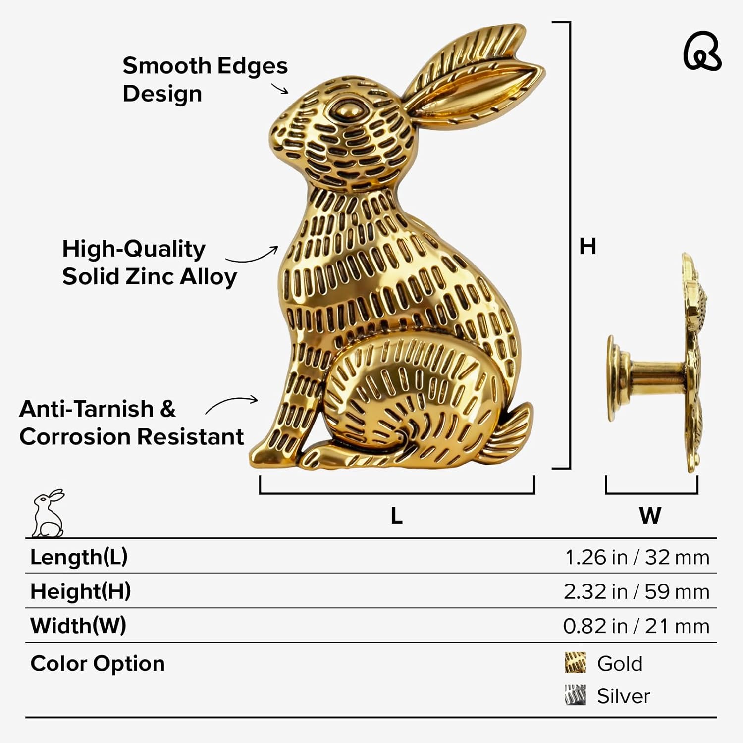 Remunkia Drawer Knobs, 6-Pack Gold Cabinet Knobs, Vintage Bunny Pulls for Cabinet, Dresser, Wardrobe, Closet, Unique Animal Hardware for Home Decor, Single Hole Handle (Rabbit, Gold)