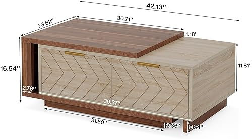 Miniatura 2 de Tribesigns - Mesa de centro extensible con 2 cajones de almacenamiento, mesa central de dos tonos con tablero deslizante, mesa de cóctel rectangular