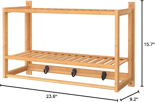 Miniatura 8 de ClosetMaid Estante de pared de bambú con toallero 3 ganchos estantes de almacenamiento de montaje en pared 2 niveles estante organizador acabado