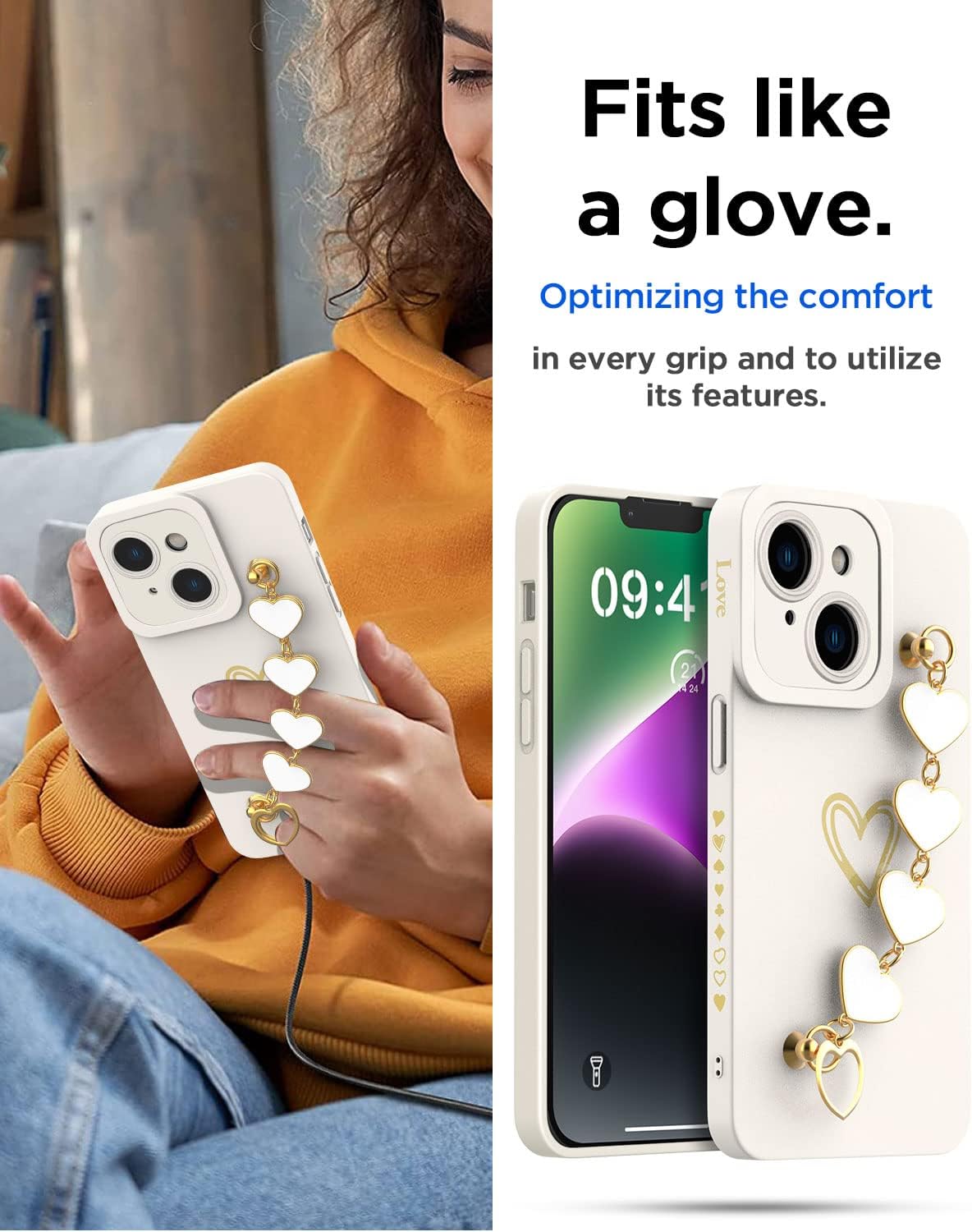 AICase iPhone 14 Case for Women with Full Camera Lens Protection and Hand Strip Loop, Silicone Heart Girly Cute Side Soft Slim Shockproof Protective Cover for iPhone 14 6.1 inch-4