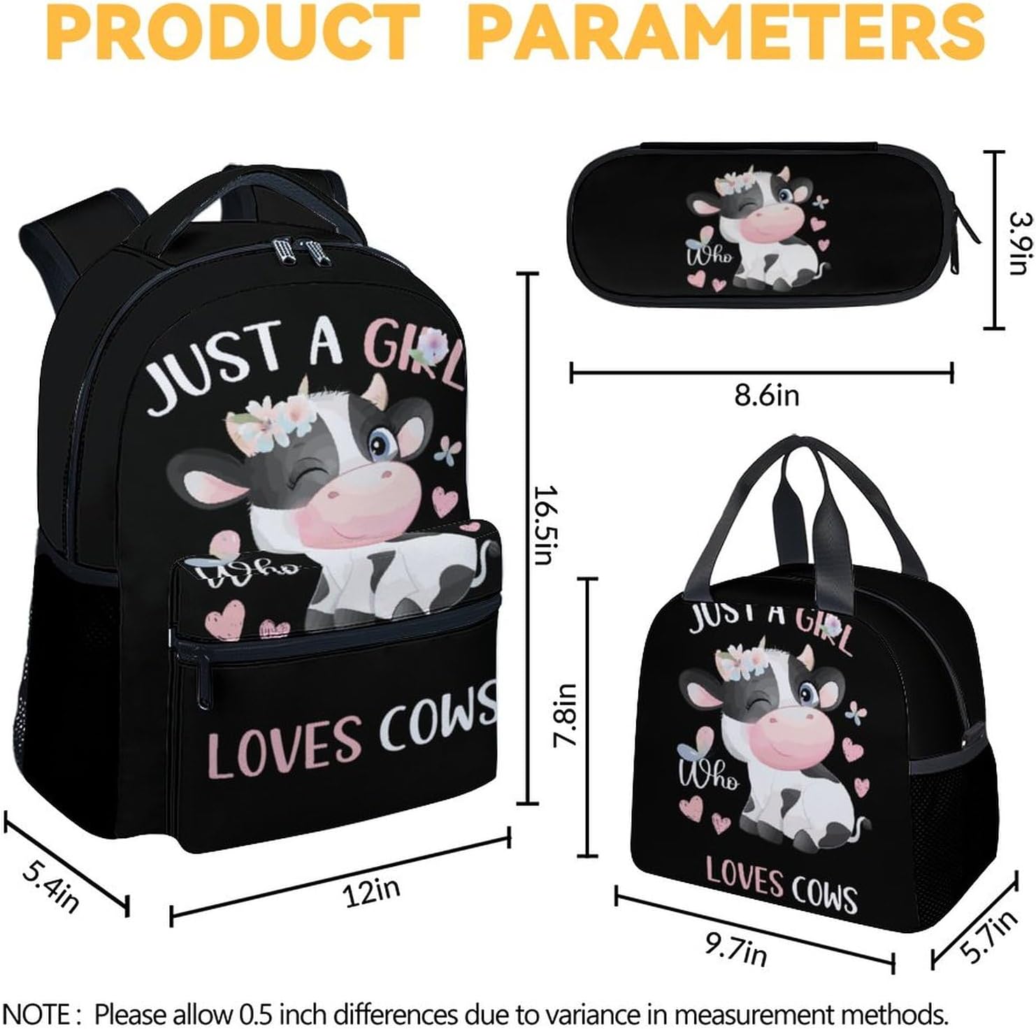 Cow Backpack with Lunch Box, Set of 3 School Backpacks Matching Combo, Cute Bookbag And Pencil Case Bundle