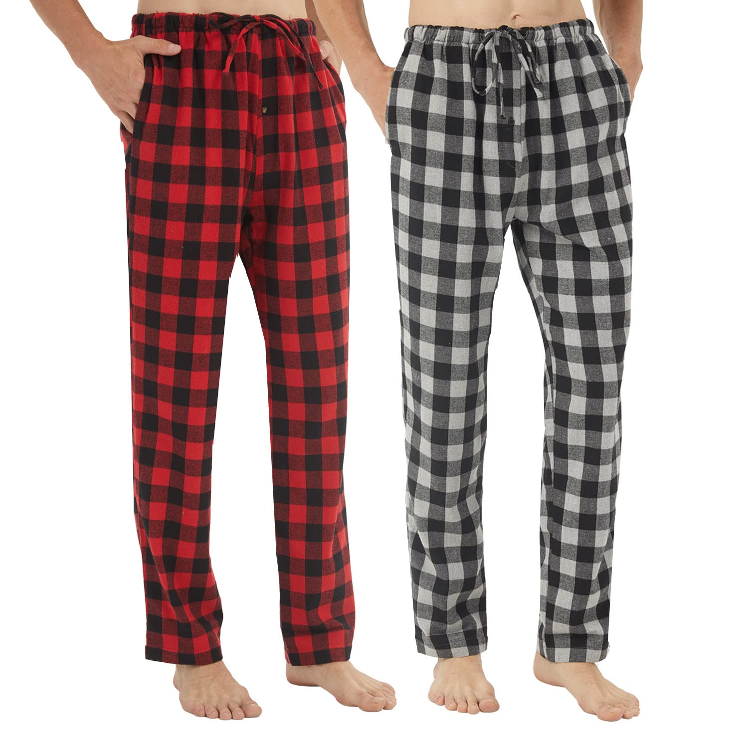 LANBAOSI 2er-Pack Herren Pyjamahose aus Baumwolle Flanell Karierte Loungehose mit Taschen Kordelzug Weiche Pyjamahose Karierte Loungewear