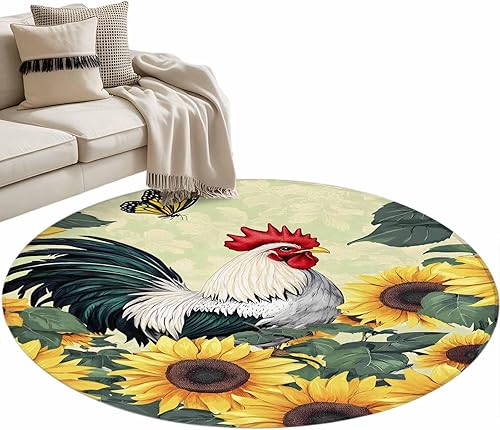Miniatura 2 de 3.3ft Round Rug, Sunflower Rooster Non-Skid Rubber Backing Large Area Rugs - Living Room Bedroom Home Office, Retro Watercolor Summer Floral Indoor