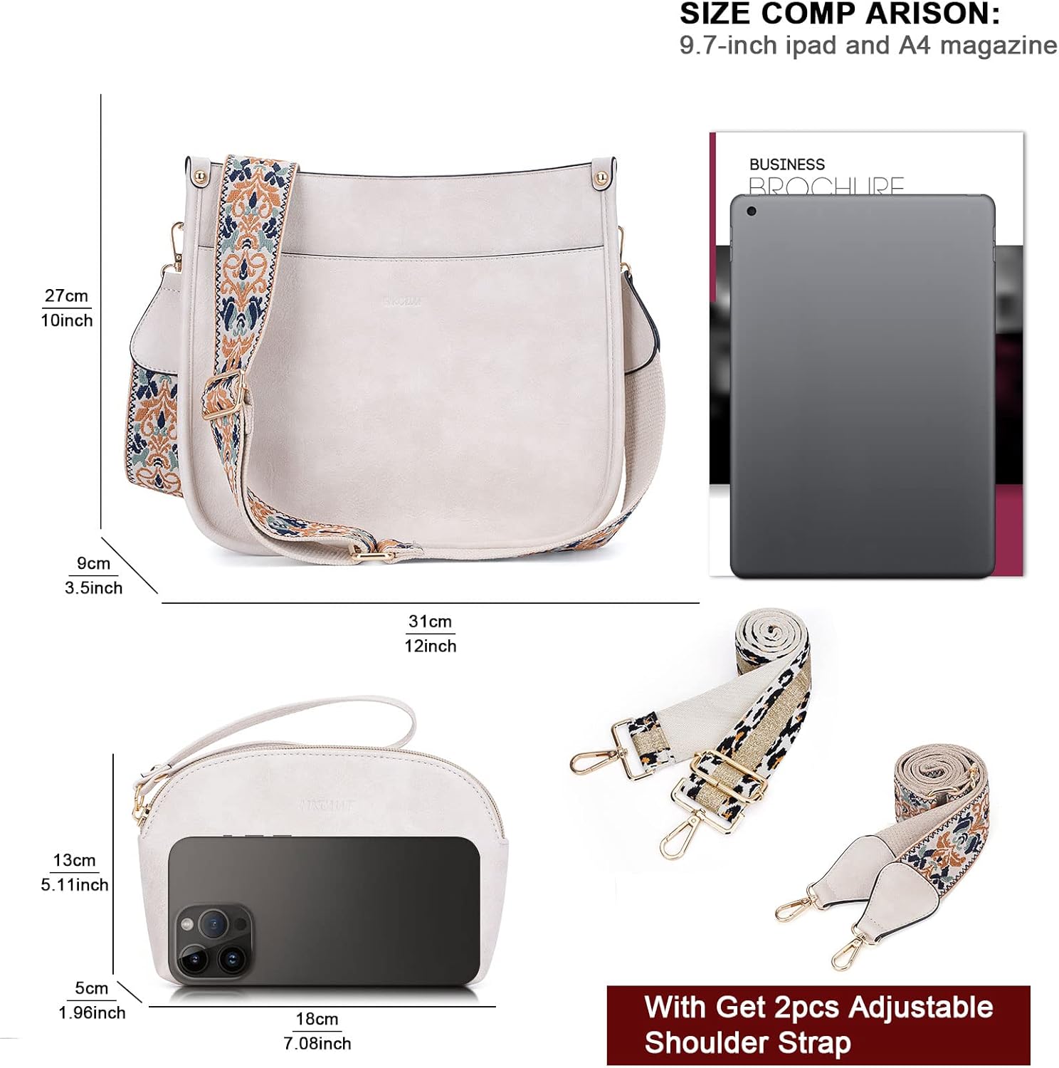 HKCLUF Crossbody Bag Purse for Women 2PCS/Set Leather Hobo Handbag Wallet Set With 2Adjustable Guitar Strap Shoulder Bag | Purse, 2PCS/Set, Leather, Wallet Set, Purse - Image 3