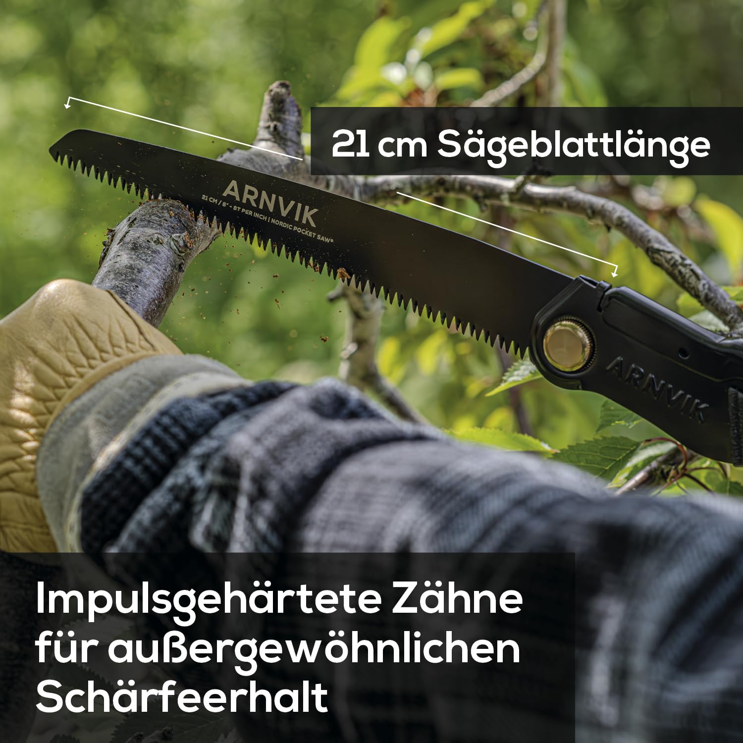Nordic Astsäge für Gartenarbeit & Klappsäge Outdoor Bushcraft – Arnvik – 8 Zähne pro 2,5 cm – 21 cm Gehärtetes SK5-Stahlblatt – Handsäge Holz für Bäume in Ihrem Garten oder Brennholz beim Camping