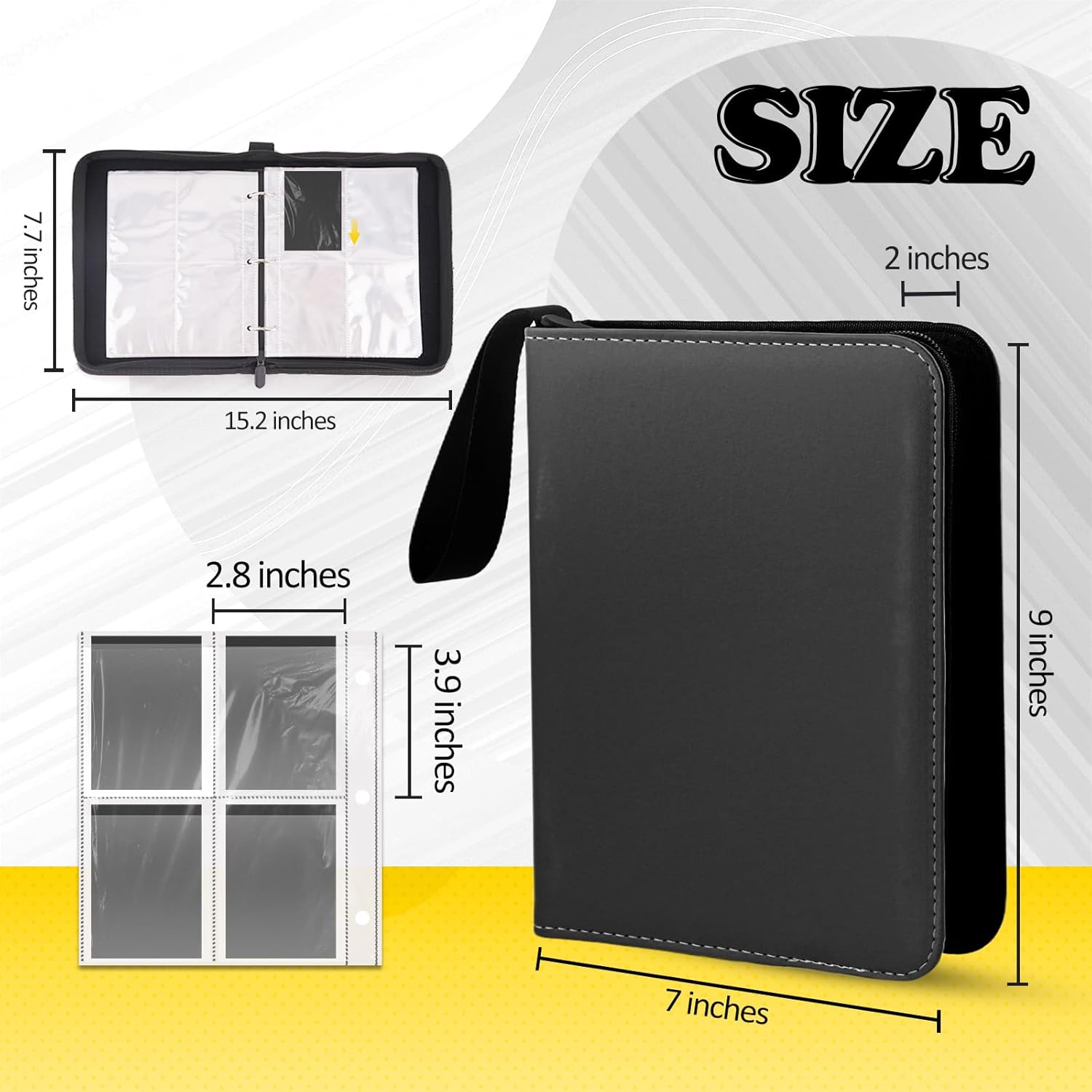 4 Pockets Trading Card Binder, 400 Card Holders with 50 Removable Sleeves, Portable Card Binder Album with zipper, Card holder Book for Game, Sport Collection (Black)