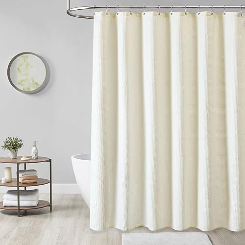 Vista 73 de Dynamene Cortina de ducha larga de tela negra – Cortinas de ducha de tela alta y resistente con textura de gofre, juego de cortina de baño de lujo