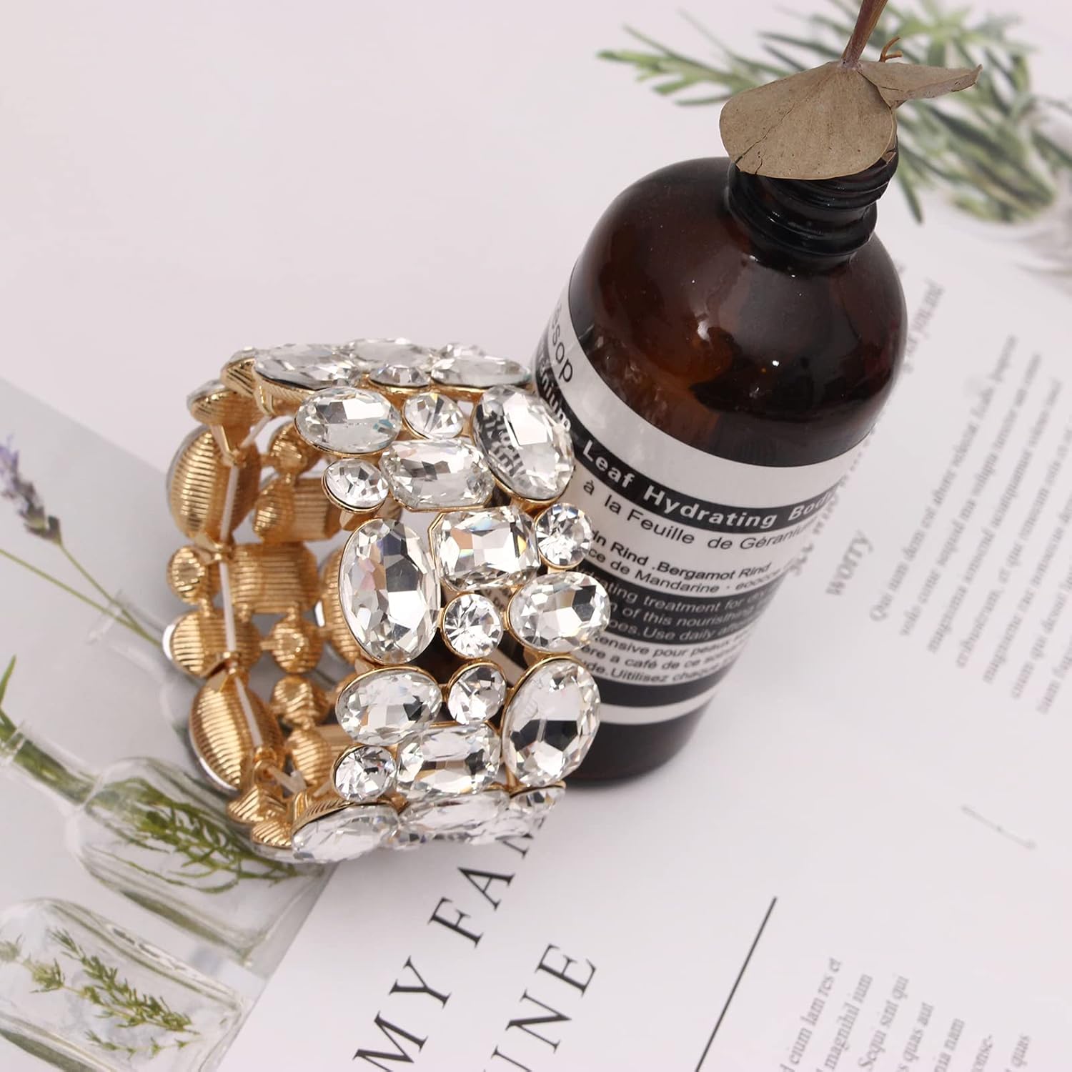 Women’s Wedding Bridal Crystal Leaf Flower Stretch Bangle Elastic Wide Bracelet Jewelry for Brides Bridesmaid - Image 3