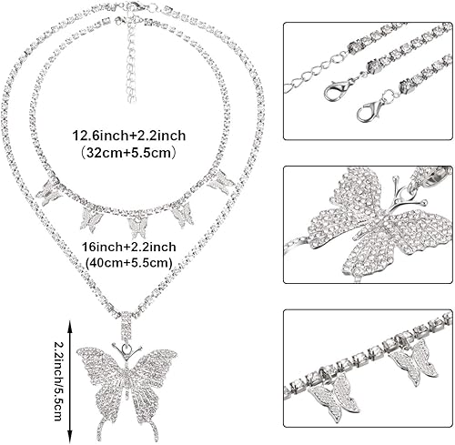Miniatura 2 de Hicarer Collar con colgante de mariposa grande, cadena de diamantes de imitación, gargantilla de cristal brillante, collar y pulsera de mariposa