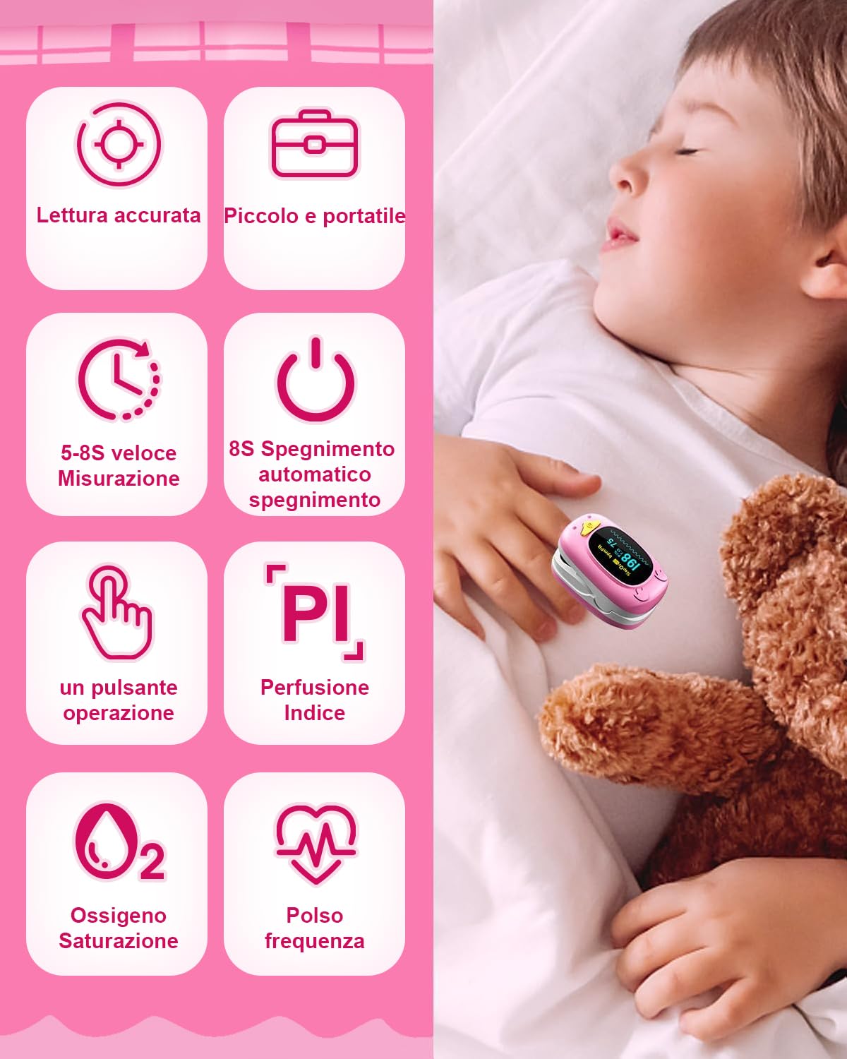 HealthTree Monitor della saturazione dell'ossigeno nel sangue da dito, pulsossimetro pediatrico con schermo OLED,2 batterie AAA incluse, adatto per neonati e bambini di età compresa tra 2,5 e 15 anni