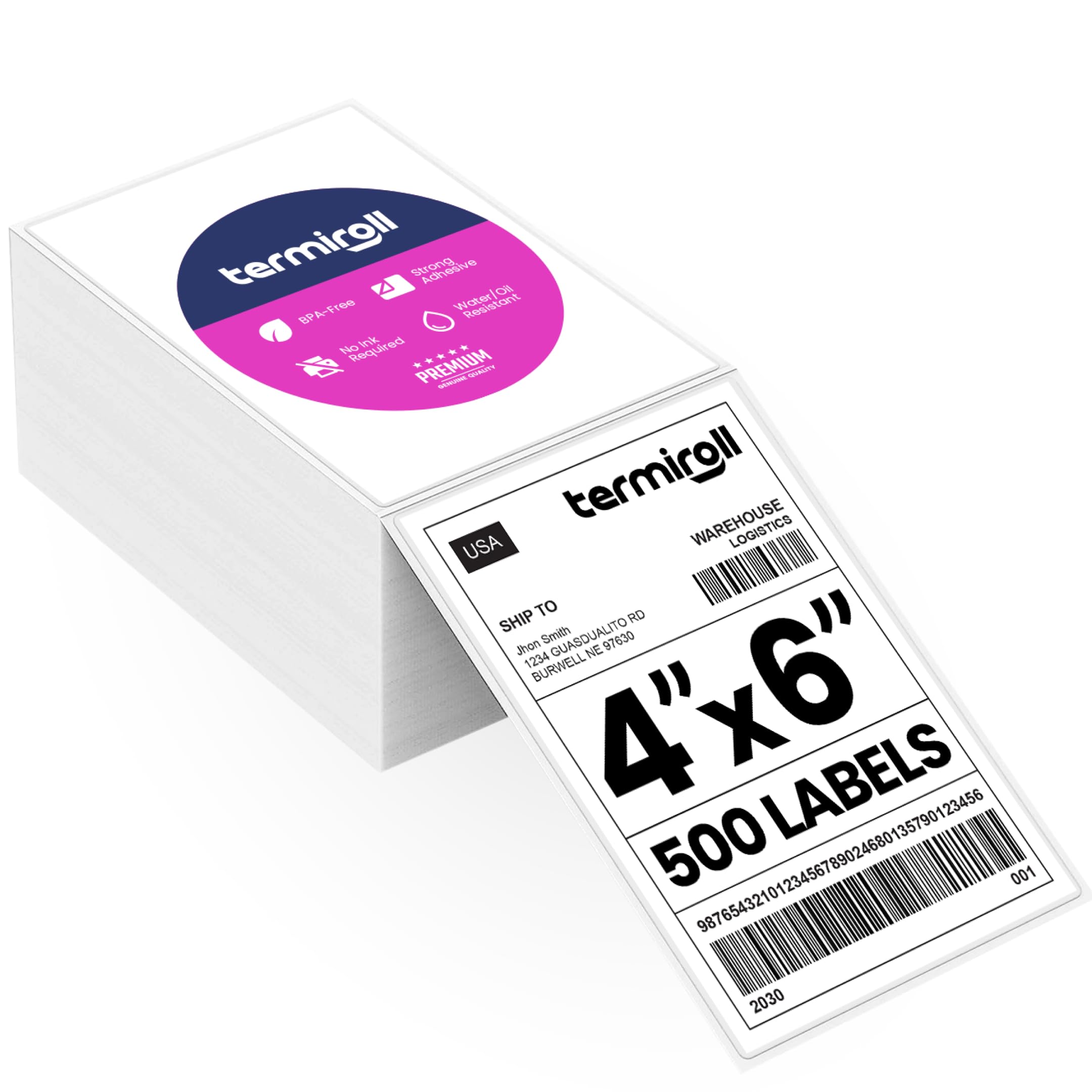 4x6 direct thermal shipping labels  perforated fanfold  500 labelsstack  compatible with rollo zebra idprt munbyn  strong adhesive bpa-free multipurpose commercial grade by termiroll