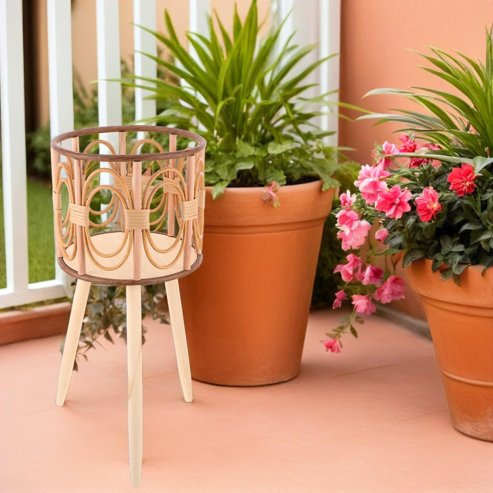 BESPORTBLE Support pour Jardinière Tressé Main en Bois avec Pieds, Diamètre 25 Cm, Hauteur Totale 53 Cm, Ventilation Efficace, Porte-Pots Décoratif sur Pied pour Intérieur et Extérieur,