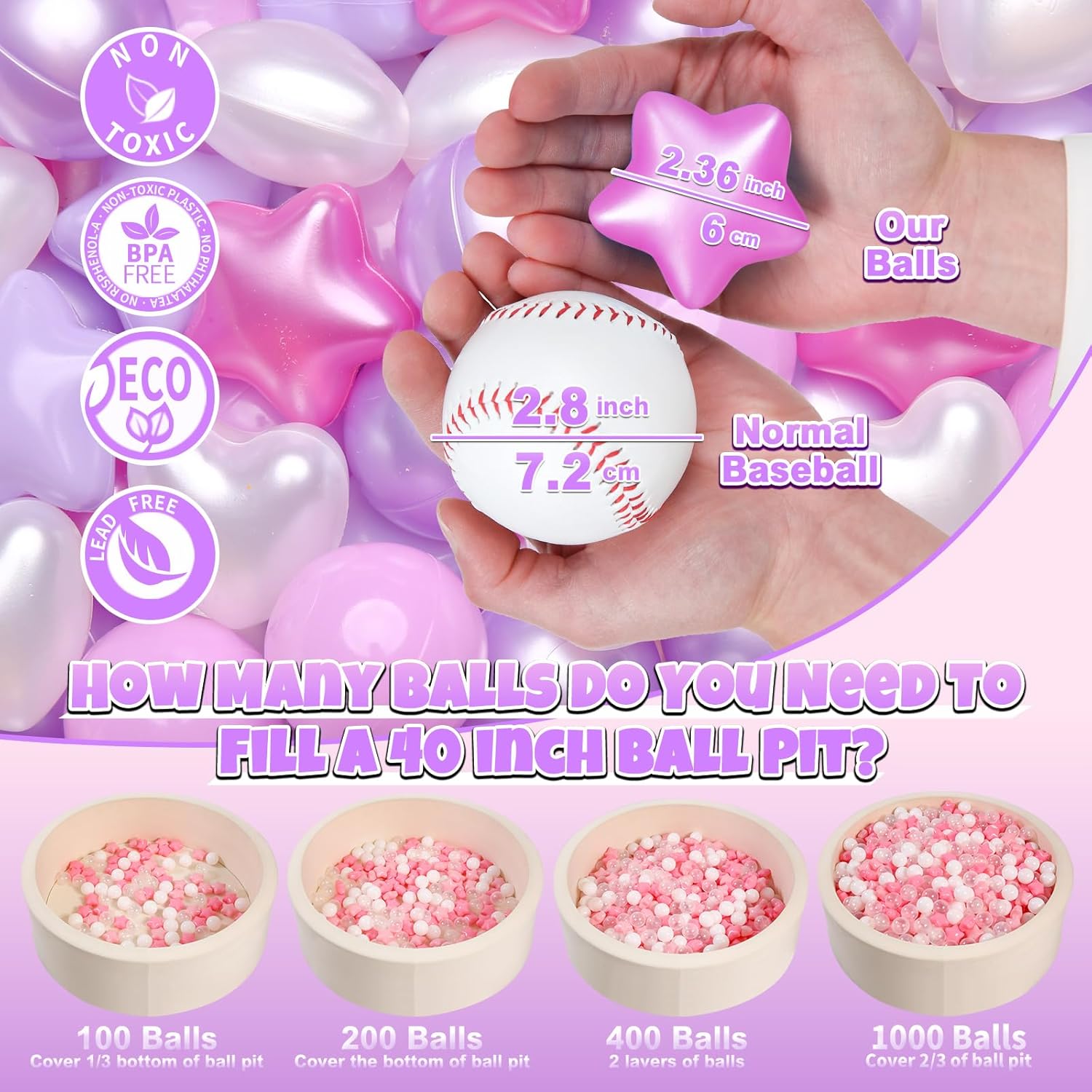 GOGOSO Ball Pit Balls,Plastics Balls for Ball Pit, Stars Hearts Shape for PastelBall for Toddlers Kids - Image 2