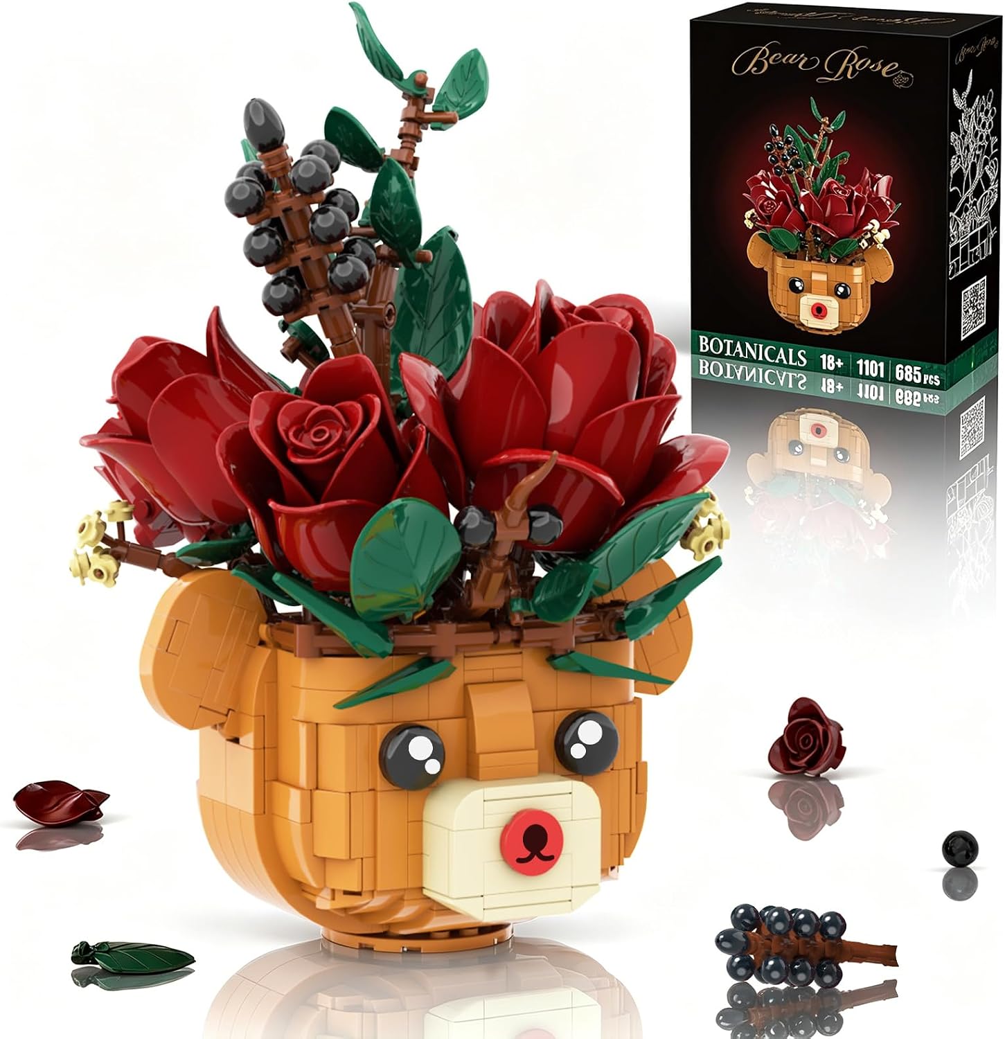 Bear Rose Flower Bouquet Building Set,Botanical Collection Artificial Roses Building Blocks Kit for Adults Women, for Mom Girlfriend Wife