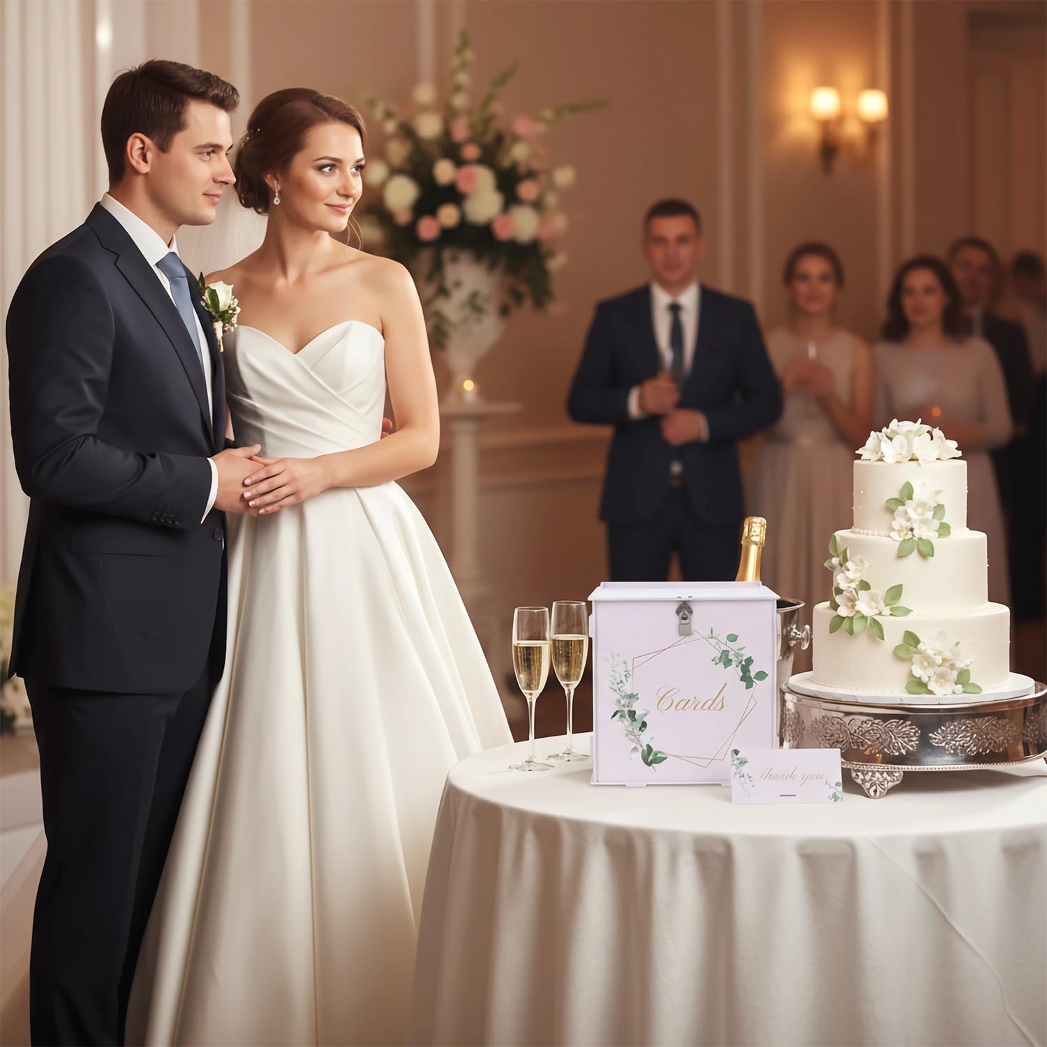 QWORK® 26 CM Scatola per inviti eleganti per matrimoni con lucchetto e biglietto di ringraziamento – Scatola regalo in PVC bianco per ricevimento di nozze e decorazioni per feste