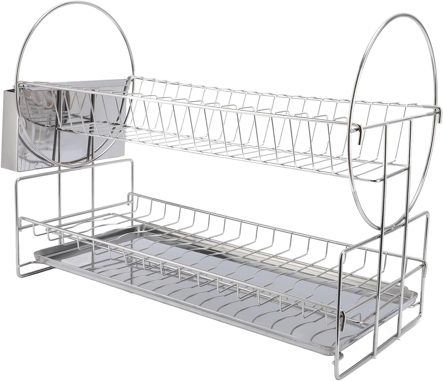 Dish Drying Rack, 2 Tier Stainless Steel Dish Rack for Kitchen Counter Storage, Kitchen Organizers and Storage Rack with Cutlery Holder, Large