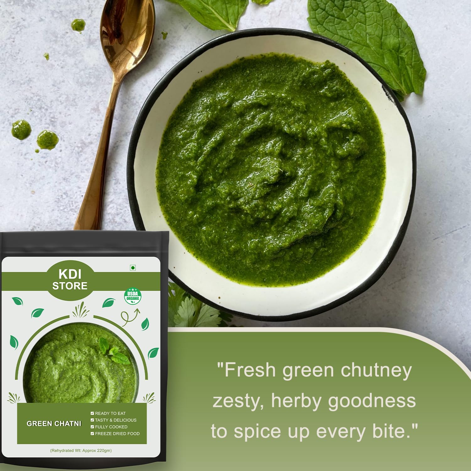 KDI Store Organic Green Chutney, Ready to Eat, Freeze Dried, Fully Cooked Indian Condiment, 30g