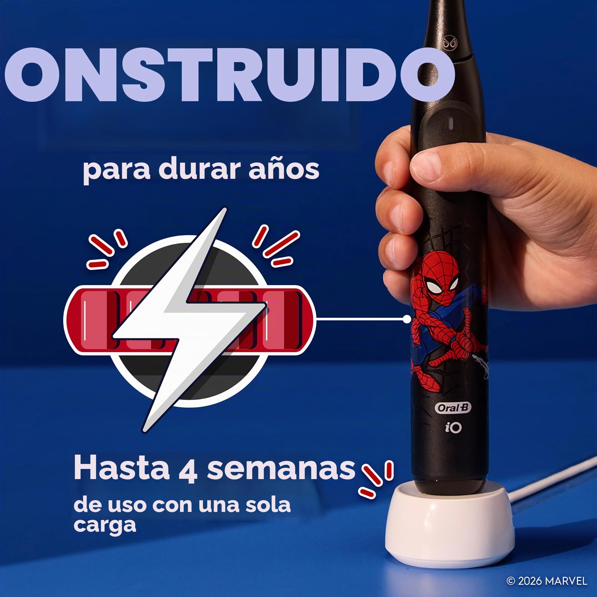 Oral-B iO Kids Limited - Cepillo de dientes eléctrico recargable, Spiderman con 1 cabezal de cepillo de cuidado suave, sensor de presión automático para proteger las encías, 3 ajustes de limpieza