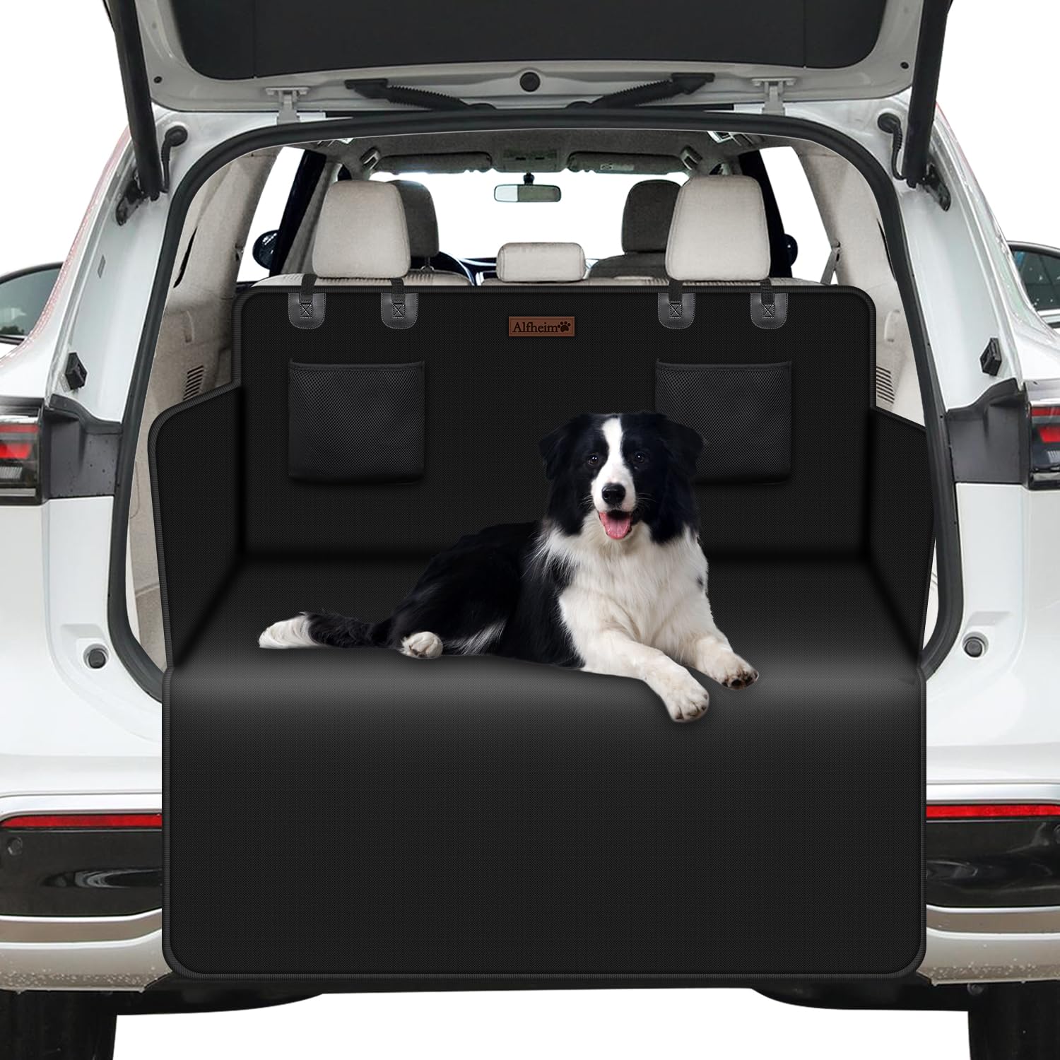 Alfheim Protection Imperméable et Anti-Dérapante pour Coffre de Voiture-Tapis Universel pour Chiens, Adapté aux Voitures et SUV,Facile à Nettoyer,Avec Poches en Filet et Protection de Pare-Chocs(Noir)